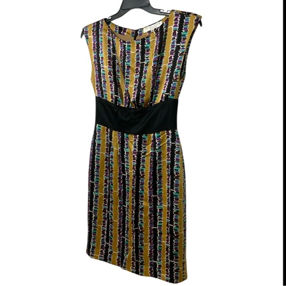 Trina Turk 100% Silk Abstract Purple Gold Black Stripe Dress Sz 2 Sleeveless - Picture 5 of 13